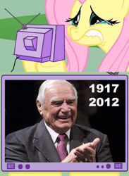 Size: 563x771 | Tagged: safe, fluttershy, human, pony, ernest borgnine, exploitable meme, irl, meme, photo, tv meme