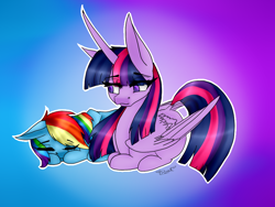 Size: 924x693 | Tagged: safe, artist:saveloveforever, artist:wolfartdudett, derpibooru import, rainbow dash, twilight sparkle, twilight sparkle (alicorn), alicorn, pegasus, pony, female, gradient background, lesbian, shipping, sleeping, twidash