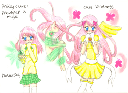 Size: 900x654 | Tagged: safe, artist:cloud-xx, fluttershy, clothes, dress, frilly dress, humanized, magical girl, precure, school uniform, skirt