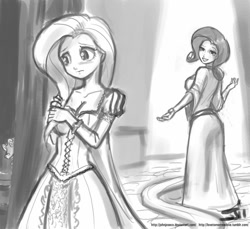 Size: 800x733 | Tagged: safe, artist:johnjoseco, fluttershy, gummy, rarity, human, cleavage, clothes, dress, female, grayscale, humanized, monochrome, tangled (disney)