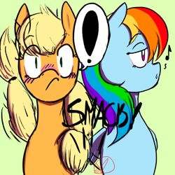 Size: 1000x1000 | Tagged: safe, artist:ryuredwings, derpibooru import, applejack, rainbow dash, earth pony, pegasus, pony, appledash, applejack is a spankaholic, blushing, butt touch, exclamation point, feathermarking, female, lesbian, never doubt tchernobog's involvement, shipping, spanking, surprised, wingspank