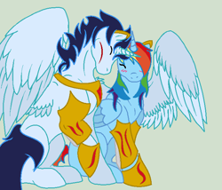 Size: 700x600 | Tagged: safe, artist:chihuahapup, rainbow dash, soarin', alicorn, pony, armor, blushing, everyone is an alicorn, eyes closed, female, how it should have ended, hug, male, race swap, rainbowcorn, shipping, sitting, smiling, soarindash, spread wings, straight, winghug