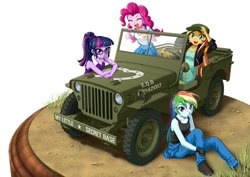 Size: 800x566 | Tagged: safe, artist:uotapo, derpibooru import, pinkie pie, rainbow dash, sci-twi, sunset shimmer, twilight sparkle, equestria girls, car, eyes closed, glasses, jeep, looking at you, open mouth, smiling, willys jeep, wip