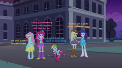 Size: 1024x576 | Tagged: safe, derpibooru import, edit, edited screencap, screencap, applejack, fluttershy, pinkie pie, rainbow dash, rarity, equestria girls, equestria girls (movie), blue text, boots, caption, cowboy boots, fall formal outfits, high heel boots, orange text, pink text, rarijack, shipping