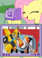 Size: 438x602 | Tagged: safe, fluttershy, pegasus, pony, blades, bumblebee, exploitable meme, meme, transformers, transformers rescue bots, tv meme