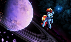 Size: 3195x1880 | Tagged: safe, artist:january3rd, derpibooru import, rainbow dash, pegasus, pony, female, looking back, mare, planet, planetary ring, solo, space, stars