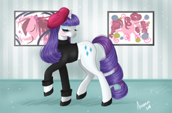 Size: 1500x990 | Tagged: safe, artist:amenoo, rarity, pony, unicorn, beatnik rarity, beret, clothes, hat, solo