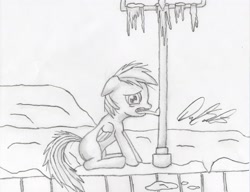 Size: 3275x2514 | Tagged: safe, rainbow dash, pegasus, pony, filly, frozen, stuck, tongue out, tongue stuck to pole, traditional art, winter