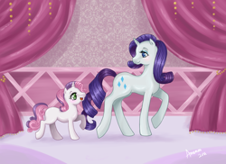 Size: 1500x1090 | Tagged: safe, artist:amenoo, rarity, sweetie belle, pony, unicorn, duo, duo female, female, filly, mare, siblings, sisters, white coat