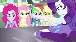 Size: 1062x585 | Tagged: safe, derpibooru import, screencap, applejack, fluttershy, pinkie pie, rainbow dash, rarity, equestria girls, player piano, rainbow rocks, bedroom eyes, boots, bracelet, clothes, drum kit, drums, high heel boots, humane five, jewelry, keytar, mane five, musical instrument, skirt