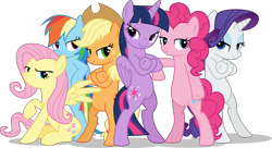 Size: 9000x4892 | Tagged: safe, artist:limedazzle, derpibooru import, applejack, fluttershy, pinkie pie, rainbow dash, rarity, twilight sparkle, twilight sparkle (alicorn), alicorn, earth pony, pegasus, pony, unicorn, absurd resolution, bedroom eyes, bipedal, cool, crossed arms, crossed hooves, female, fresh princess and friends' poses, fresh princess of friendship, mane six, mare, pose, simple background, transparent background, vector