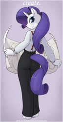 Size: 594x1147 | Tagged: safe, artist:jaynaylor, rarity, anthro, solo, suspenders, text