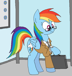 Size: 454x478 | Tagged: safe, artist:hyolark, rainbow dash, pegasus, pony, bag, bus stop, clothes, glasses, solo, suit, watch