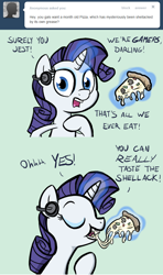 Size: 650x1100 | Tagged: safe, artist:flavinbagel, rarity, pony, unicorn, ask gamer ponies, food, mushroom, pepper, pizza