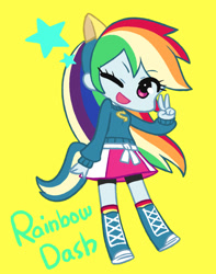 Size: 631x800 | Tagged: safe, artist:chanxco, rainbow dash, equestria girls, chibi, cute, dashabetes, female, one eye closed, open mouth, peace sign, pixiv, simple background, solo, stars, wink, wondercolts, wondercolts uniform, yellow background