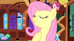 Size: 848x467 | Tagged: safe, screencap, fluttershy, pegasus, pony, stare master, female, mare, scrunchy face