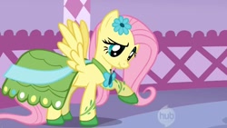 Size: 1044x587 | Tagged: safe, screencap, fluttershy, pegasus, pony, clothes, dress, gala dress, scrunchy face