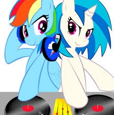 Size: 224x225 | Tagged: safe, dj pon-3, rainbow dash, vinyl scratch, pegasus, pony, unicorn, cute, female, horn, mare