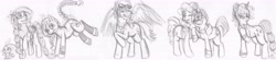 Size: 8368x1848 | Tagged: safe, artist:enigmaticfrustration, derpibooru import, applejack, fluttershy, pinkie pie, rainbow dash, rarity, twilight sparkle, oc, earth pony, pegasus, pony, rabbit, unicorn, fanfic, female, lesbian, mane six, monochrome, older, rule 63, shipping, traditional art, transgender, twinkie