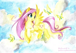 Size: 1200x840 | Tagged: safe, artist:paulina-ap, fluttershy, butterfly, pegasus, pony, animal, cloud, cloudy, flying, solo, traditional art