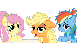 Size: 1024x576 | Tagged: safe, artist:mlprocker123, derpibooru import, applejack, fluttershy, rainbow dash, earth pony, pegasus, pony, bags under eyes, female, looking at you, mare, messy mane, simple background, tired, transparent background, trio