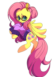 Size: 950x1350 | Tagged: safe, artist:sugaryrainbow, fluttershy, pegasus, pony, alternate hairstyle, bottomless, clothes, glasses, partial nudity, sweater, sweatershy