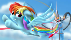 Size: 2560x1440 | Tagged: safe, artist:awalex, rainbow dash, pegasus, pony, .mov, flying, pony.mov, r-dash 5000, rocket, skyscraper, swag.mov