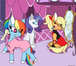 Size: 2680x2320 | Tagged: safe, artist:silenceshadowwolf, derpibooru import, applejack, rainbow dash, rarity, earth pony, pegasus, pony, unicorn, alternate hairstyle, and then there's rarity, applejack also dresses in style, applejack is not amused, brush, clothes, dress, ear piercing, earring, eyes closed, eyeshadow, fishnet stockings, forced makeover, jewelry, lipstick, makeover, makeup, mannequin, mirror, one eye closed, piercing, rainbow dash always dresses in style, shocked, shoes, unamused