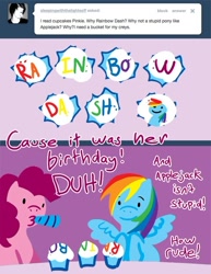 Size: 500x647 | Tagged: safe, artist:steveholt, derpibooru import, pinkie pie, rainbow dash, earth pony, pegasus, pony, cupcake, pinkie pie answers, tumblr