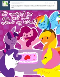 Size: 500x647 | Tagged: safe, artist:steveholt, derpibooru import, applejack, fluttershy, pinkie pie, rainbow dash, rarity, twilight sparkle, earth pony, pegasus, pony, unicorn, cake, mane six, party, pinkie pie answers, tumblr