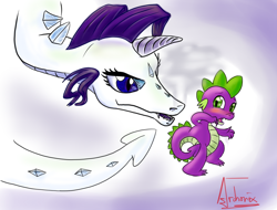 Size: 800x609 | Tagged: safe, artist:archonix, rarity, spike, dragon, blushing, dragonified, raridragon, species swap