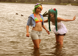 Size: 908x652 | Tagged: safe, artist:ankin, rainbow dash, human, belly button, bikini top, cosplay, hatsune miku, irl, irl human, photo, vocaloid, water