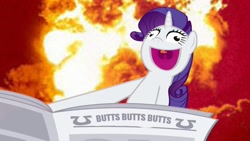 Size: 1280x720 | Tagged: safe, artist:lil miss jay, edit, rarity, pony, unicorn, butts, explosion, i'll destroy her, insanity, inverted mouth, some men just want to watch the world burn