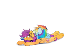 Size: 1400x1000 | Tagged: safe, artist:redheadfly, derpibooru import, rainbow dash, scootaloo, pegasus, pony, book, female, lesbian, older, prone, reading, scootadash, shipping, simple background, transparent background