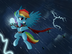 Size: 2048x1536 | Tagged: safe, artist:qzygugu, derpibooru import, rainbow dash, changeling, pegasus, pony, cape, clothes, female, flying, grin, lightning, looking back, magic, mare, rain, smiling, storm, swarm