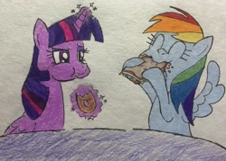 Size: 2963x2126 | Tagged: safe, anonymous artist, derpibooru import, rainbow dash, twilight sparkle, twilight sparkle (alicorn), alicorn, pegasus, pony, bagel, bread, cute, drawthread, eating, eyes closed, food, glowing horn, hoof hold, magic, nom, sandwich, spread wings, telekinesis, traditional art, wings