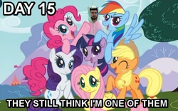 Size: 680x425 | Tagged: safe, derpibooru import, applejack, fluttershy, pinkie pie, rainbow dash, rarity, twilight sparkle, human, barry kramer, clothes, costume, game grumps, image macro