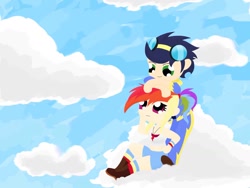 Size: 1024x768 | Tagged: safe, artist:dashie112, rainbow dash, soarin', human, chibi, cloud, cloudy, female, humanized, male, shipping, soarindash, straight