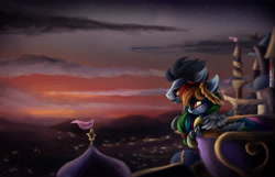 Size: 5437x3508 | Tagged: dead source, safe, artist:spectrumblaze, derpibooru import, rainbow dash, soarin', pegasus, pony, absurd resolution, balcony, canterlot, clothes, dress, female, gala dress, hug, laurel, laurel wreath, male, mare, scenery, shipping, soarindash, stallion, straight, sunset, winghug