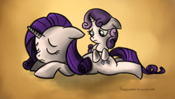 Size: 726x413 | Tagged: safe, artist:fongsaunder, rarity, sweetie belle, pony, unicorn, duo, duo female, eyes closed, female, filly, floppy ears, mare, sisters, tired