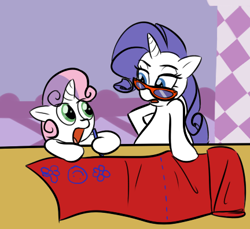 Size: 432x396 | Tagged: safe, artist:furseiseki, rarity, sweetie belle, pony, unicorn, duo, duo female, female, filly, glasses, mare, sisters