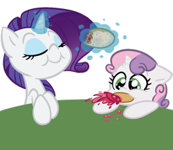 Size: 808x700 | Tagged: safe, artist:tess, rarity, sweetie belle, pony, unicorn, donut, duo, duo female, eating, female, food, glowing horn, jelly, jelly doughnut, magic, messy eating, sisters, telekinesis