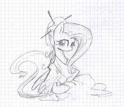 Size: 1280x1112 | Tagged: safe, artist:skutchi, fluttershy, pegasus, pony, chopsticks in hair, graph paper, kimono (clothing), pencil drawing, sketch, traditional art