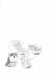 Size: 2117x2999 | Tagged: safe, artist:shinobe, derpibooru import, applejack, fluttershy, rainbow dash, twilight sparkle, earth pony, pegasus, pony, bad cropping, crossover, doraemon, doujin, explicit source, monochrome, so much white space