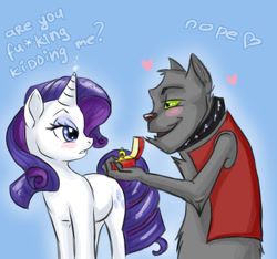 Size: 900x844 | Tagged: safe, artist:donenaya, rarity, rover, diamond dog, pony, unicorn, female, heart eyes, interspecies, male, marriage proposal, ring, rovarity, shipping, straight, vulgar, wingding eyes