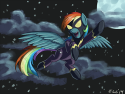 Size: 500x375 | Tagged: safe, artist:tggeko, rainbow dash, pegasus, pony, clothes, flying, latex, latex suit, mlpgdraws, moon, night, open mouth, shadowbolt dash, shadowbolts, shadowbolts costume, solo