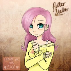 Size: 600x600 | Tagged: safe, artist:xarakayx, fluttershy, ask flutterstalker, bra strap, clothes, humanized, off shoulder, sweater, sweatershy