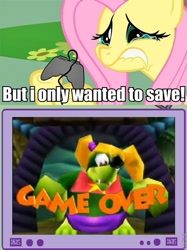 Size: 563x752 | Tagged: safe, fluttershy, pegasus, pony, bad end, banjo kazooie, controller, crying, exploitable meme, female, gamershy, hoof hold, lip bite, mare, meme, pink mane, teary eyes, teeth, tooty, tv meme, yellow coat