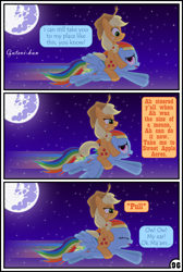 Size: 3254x4837 | Tagged: safe, artist:gutovi, derpibooru import, applejack, rainbow dash, earth pony, pegasus, pony, comic:why me!?, absurd resolution, comic, flying, mare in the moon, moon, night, ponies riding ponies