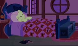 Size: 604x360 | Tagged: safe, screencap, fluttershy, pegasus, pony, the super speedy cider squeezy 6000, animated, bed, cropped, fluttershy's cottage, loop, night, sleeping, solo